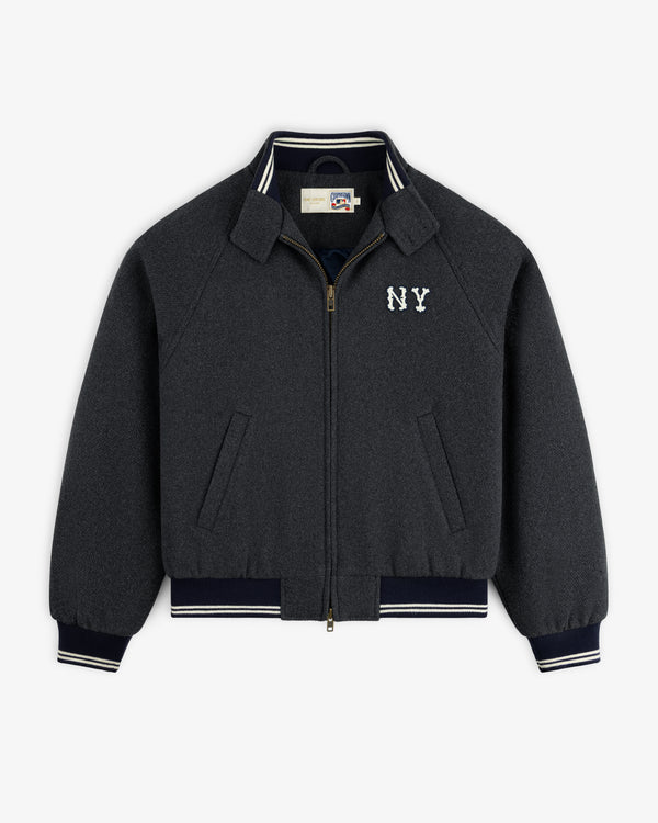 NY Highlanders Wool Varsity Jacket in dark gray with NY logo, striped trim, and two front pockets.