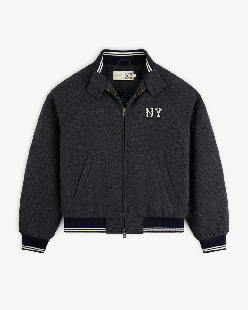 NY Highlanders Wool Varsity Jacket in dark gray with NY logo, striped trim, and two front pockets.
