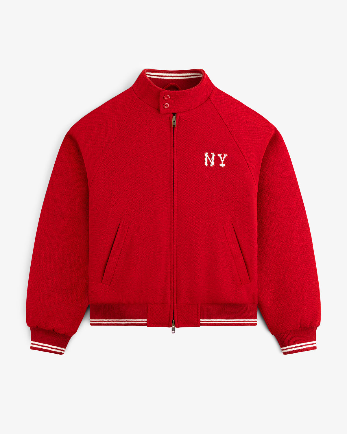 NY Highlanders Wool Varsity Jacket: red, white NY on chest, front zipper, striped cuffs and collar.