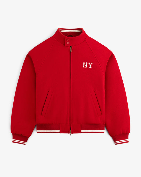 NY Highlanders Wool Varsity Jacket: red, white NY on chest, front zipper, striped cuffs and collar.