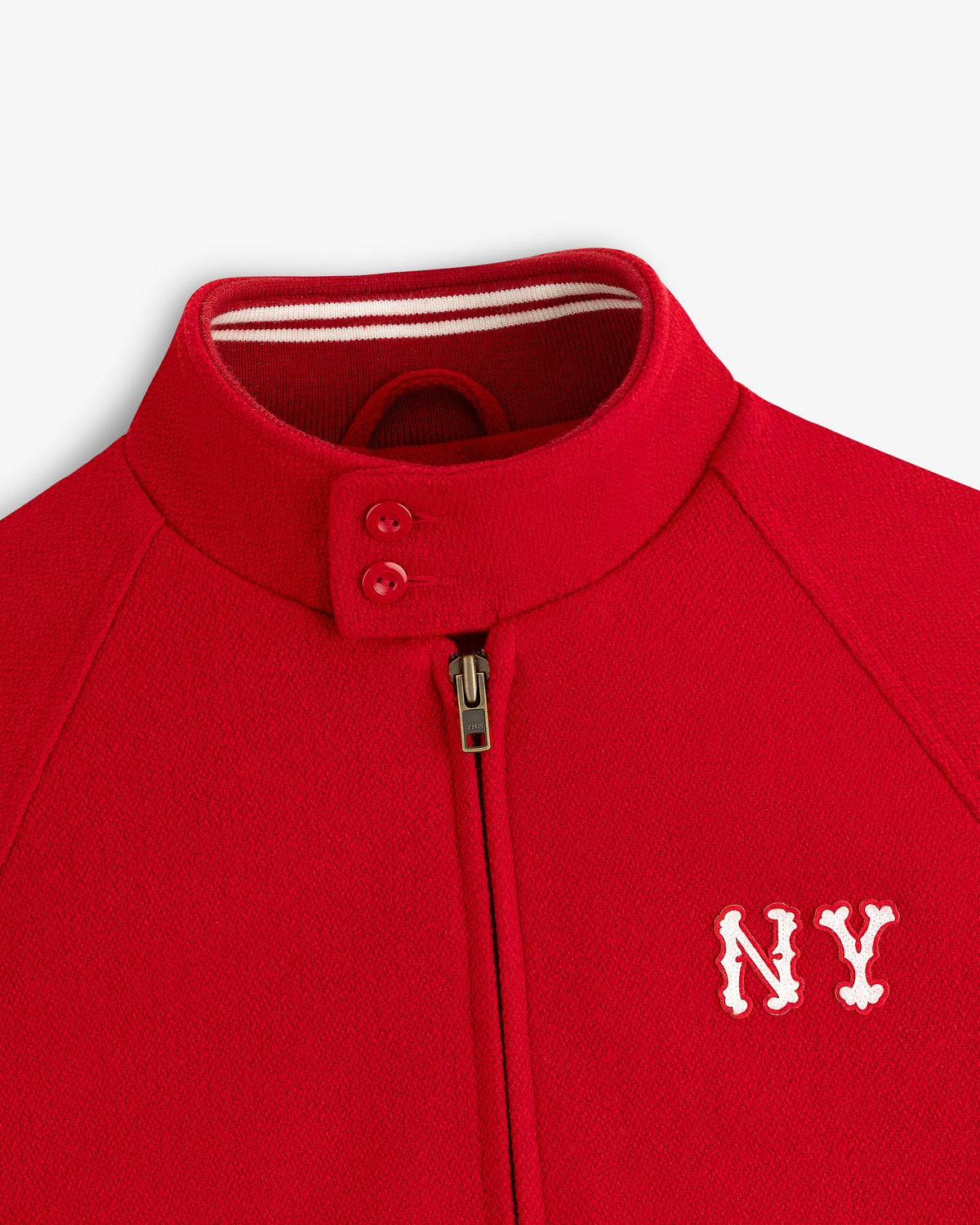 NY Highlanders Wool Varsity Jacket with stand collar, zip-up front, two buttons, and white NY chest embroidery.