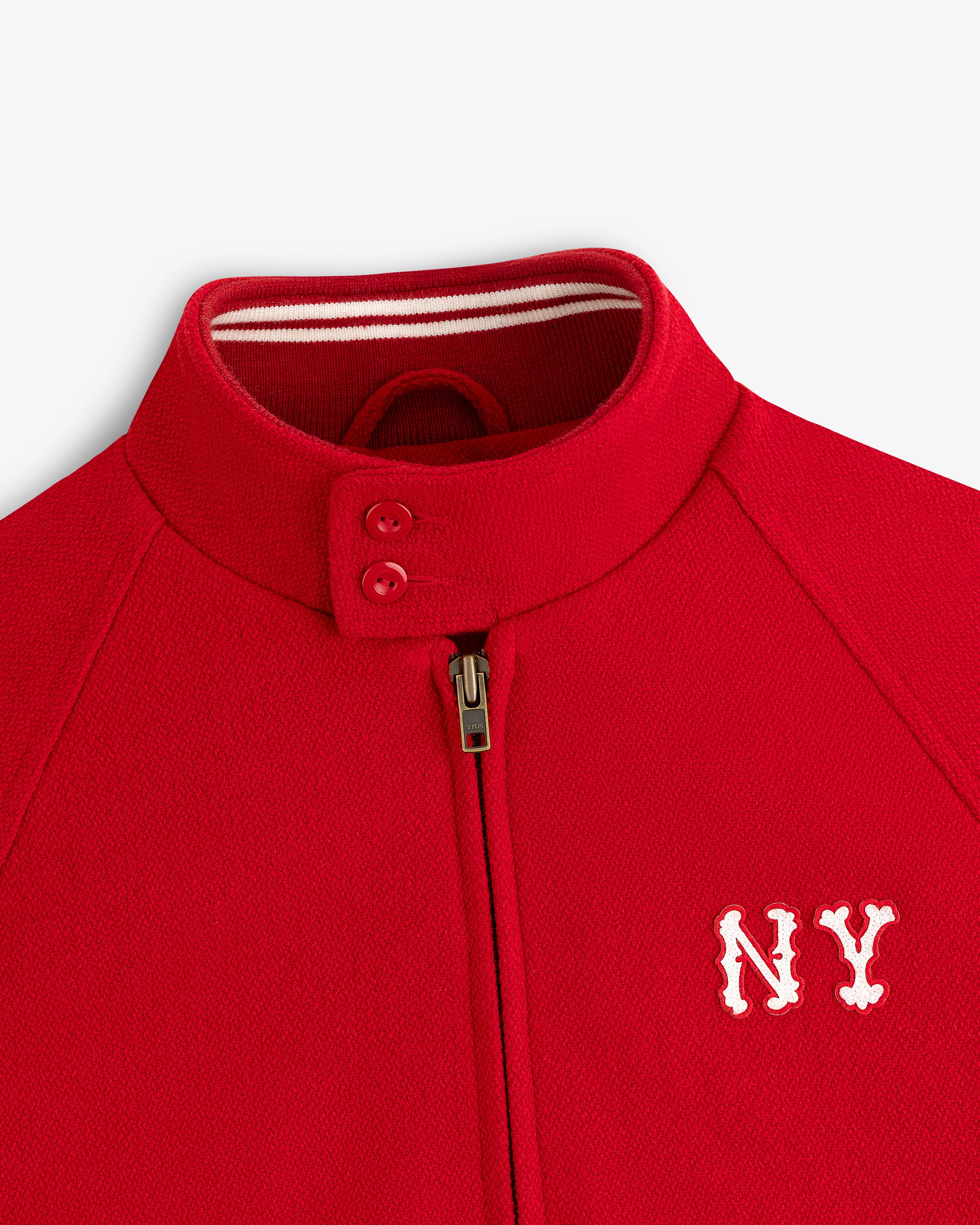 NY Highlanders Wool Varsity Jacket with stand collar, zip-up front, two buttons, and white NY chest embroidery.