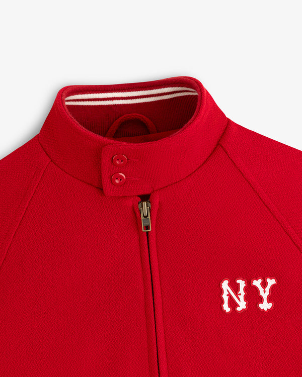 NY Highlanders Wool Varsity Jacket with stand collar, zip-up front, two buttons, and white NY chest embroidery.
