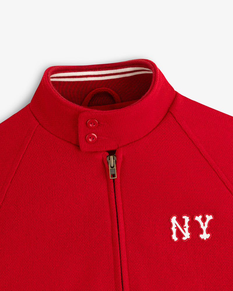 NY Highlanders Wool Varsity Jacket with stand collar, zip-up front, two buttons, and white NY chest embroidery.