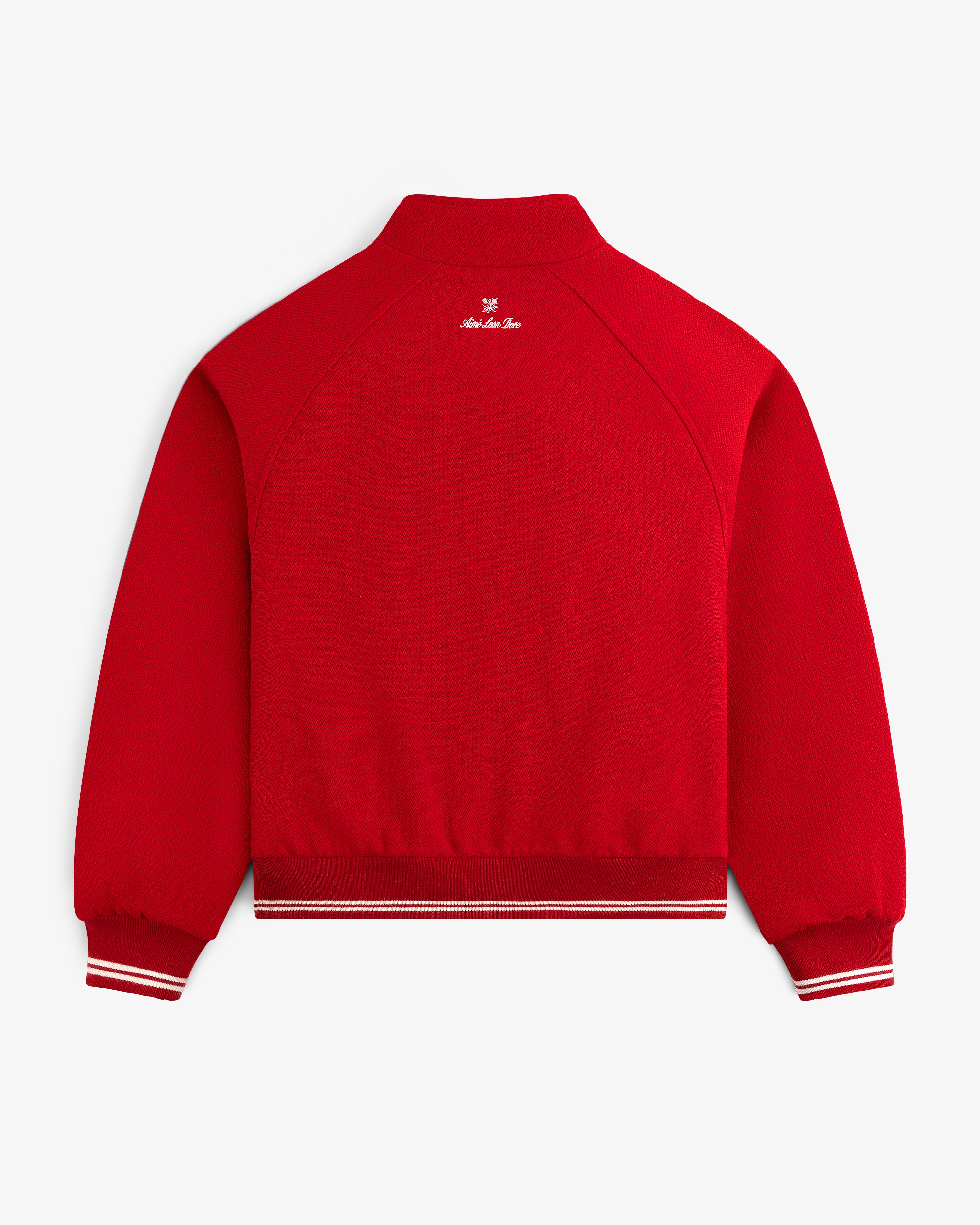 NY Highlanders Varsity Jacket in red, shown from the back with white collar text and striped cuffs and waistband.