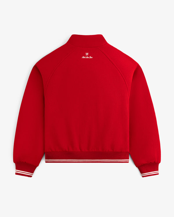 NY Highlanders Varsity Jacket in red, shown from the back with white collar text and striped cuffs and waistband.