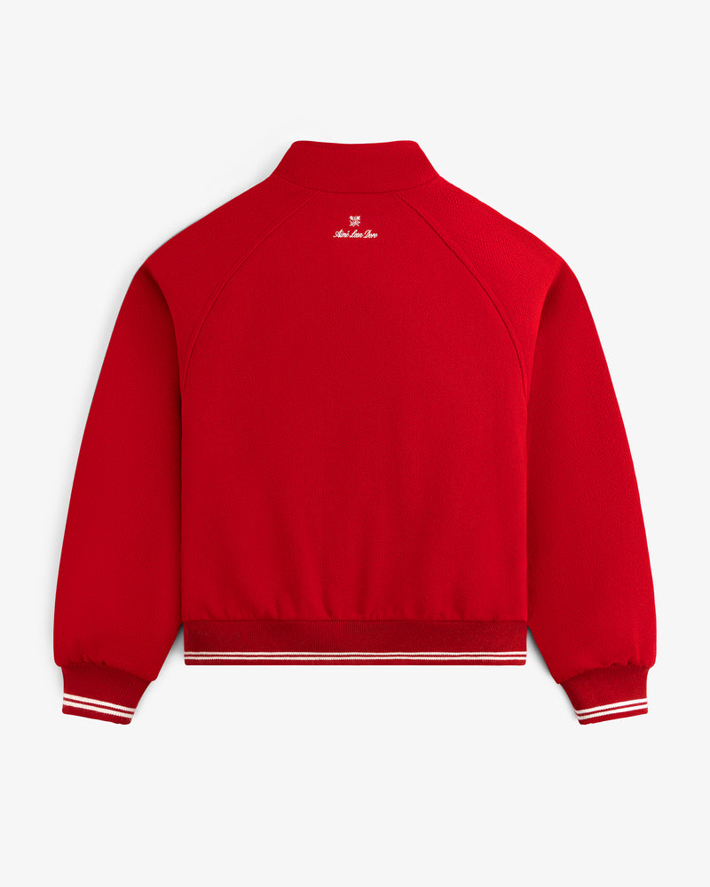 NY Highlanders Varsity Jacket in red, shown from the back with white collar text and striped cuffs and waistband.