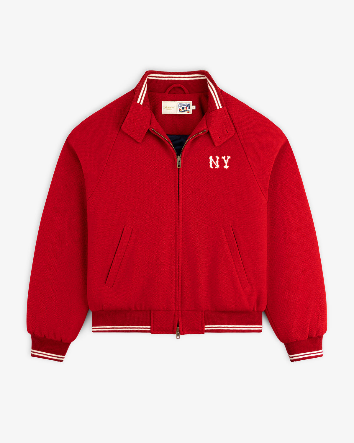 NY Highlanders Wool Varsity Jacket with NY chest embroidery, striped collar/cuffs, zip front, and pockets.