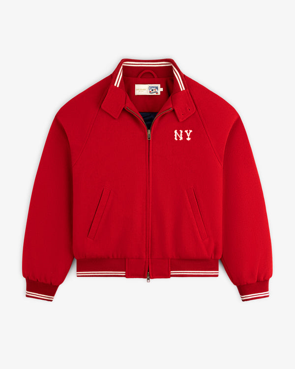 NY Highlanders Wool Varsity Jacket with NY chest embroidery, striped collar/cuffs, zip front, and pockets.