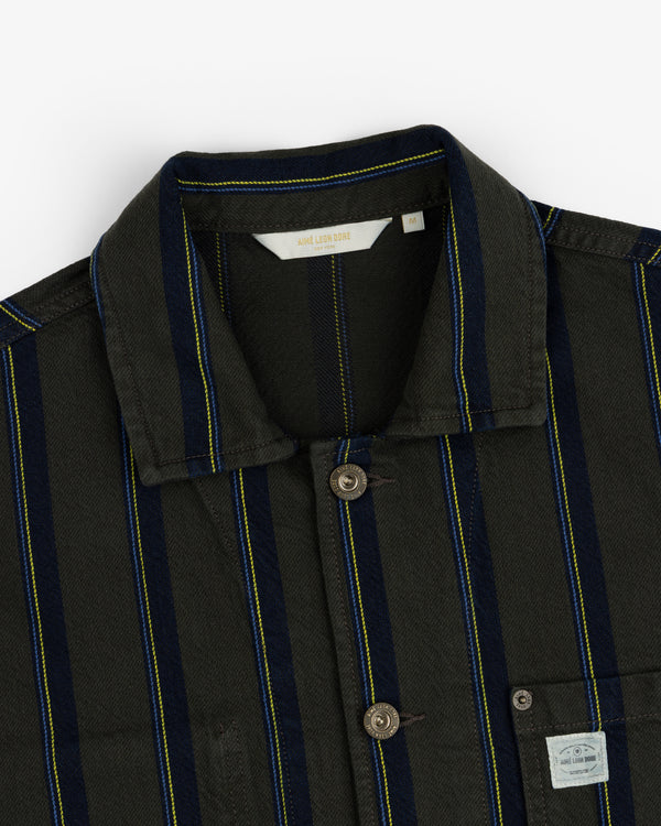 Striped Denim Chore Jacket with blue and yellow stripes, button front, collar, and chest pocket label.