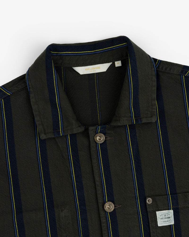 Striped Denim Chore Jacket with blue and yellow stripes, button front, collar, and chest pocket label.