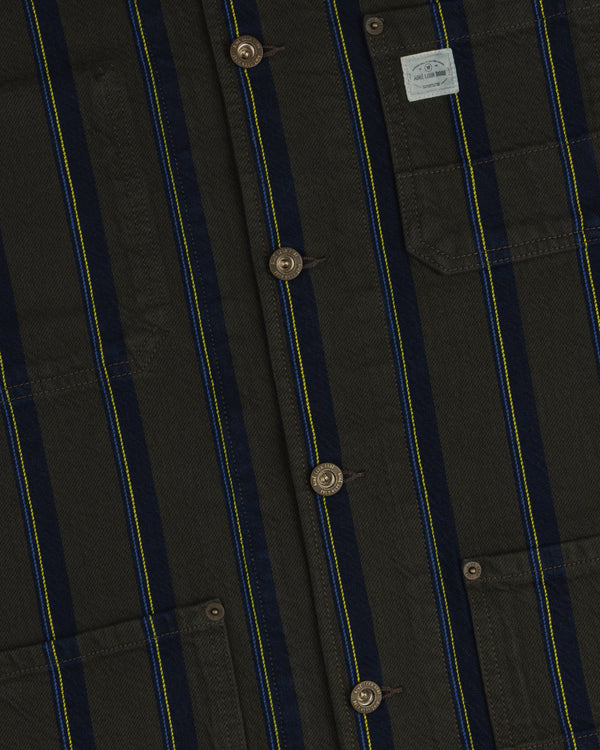 Close-up of a Striped Denim Chore Jacket with buttons, chest pockets, and a small light fabric label.