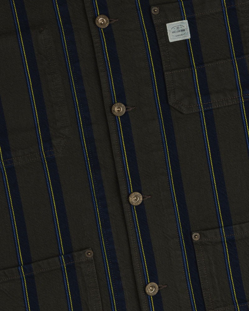 Close-up of a Striped Denim Chore Jacket with buttons, chest pockets, and a small light fabric label.