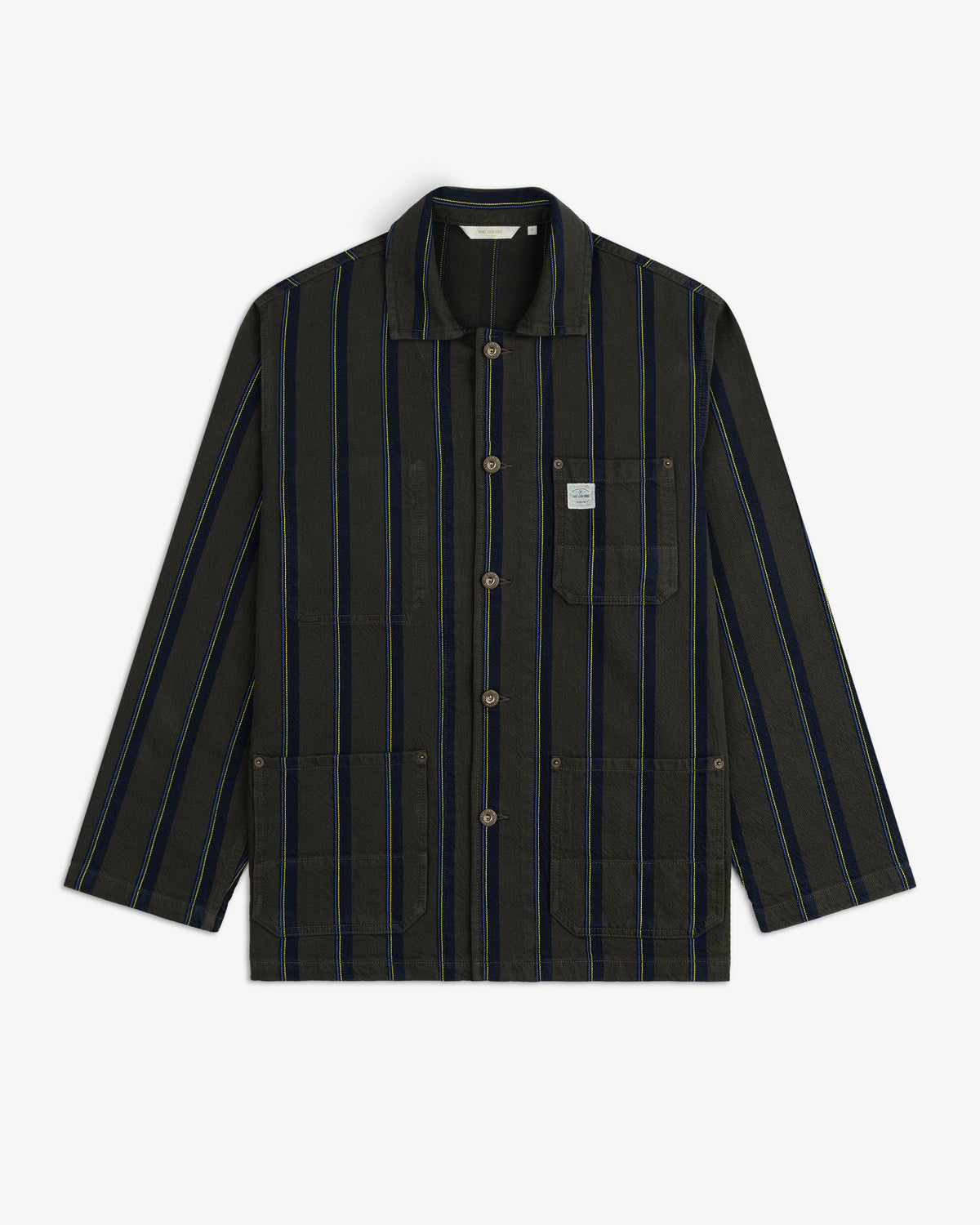 Striped Denim Chore Jacket with blue vertical stripes and three front pockets on a white background.