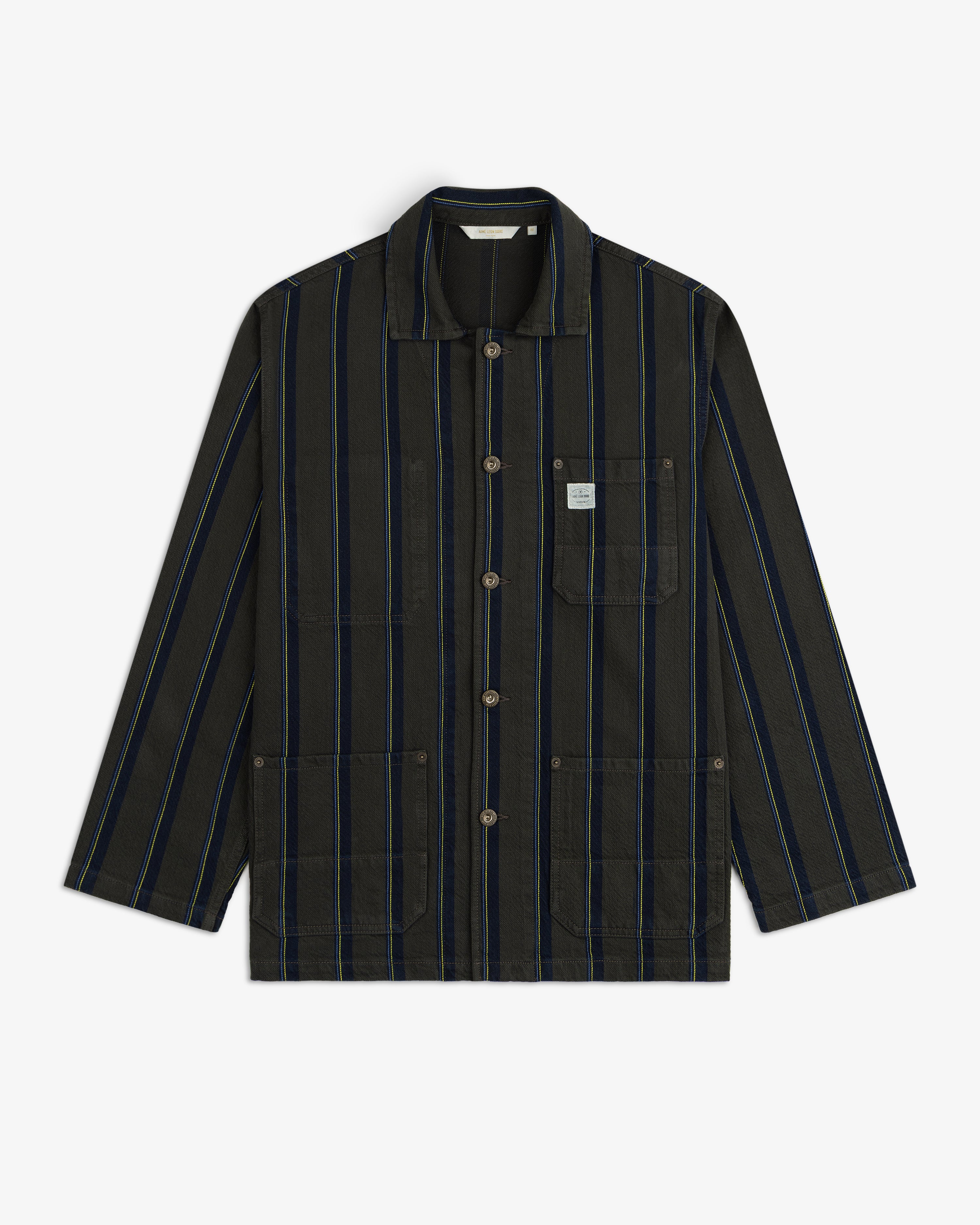Striped Denim Chore Jacket with blue vertical stripes and three front pockets on a white background.