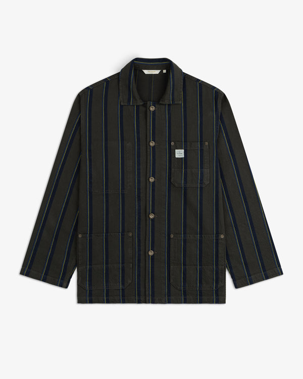 Striped Denim Chore Jacket with blue vertical stripes and three front pockets on a white background.