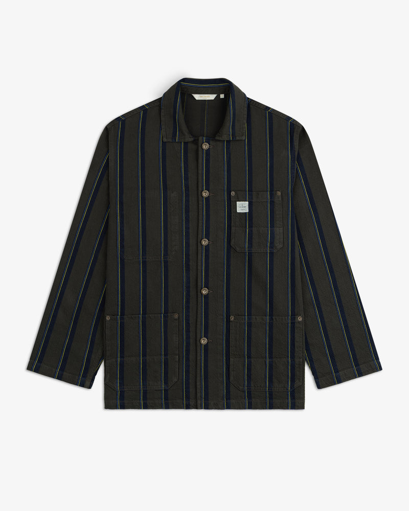 Striped Denim Chore Jacket with blue vertical stripes and three front pockets on a white background.