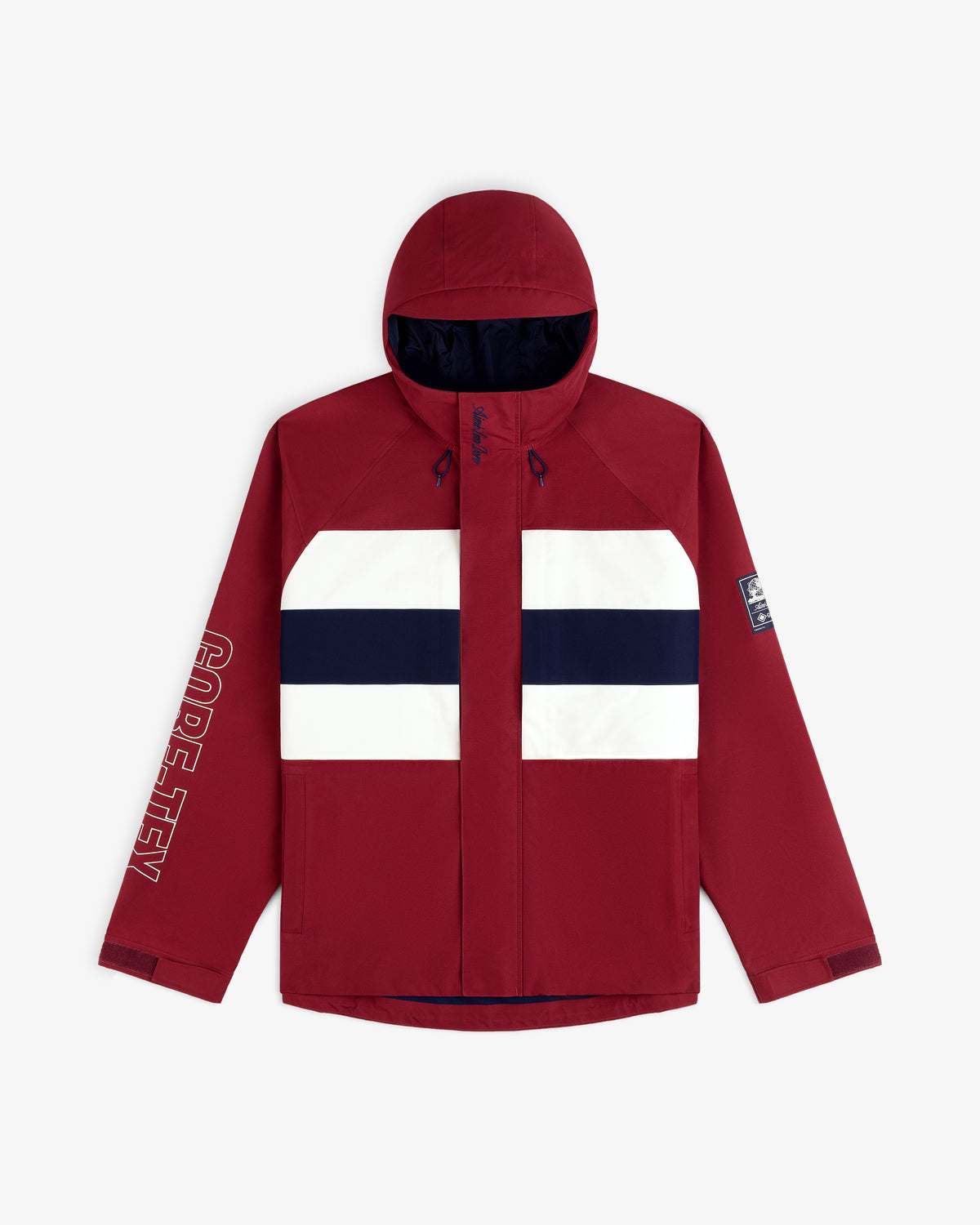 GORE-TEX Striped Sailing Jacket: red, hooded, white/navy stripes, GORE-TEX sleeve text, arm patch.