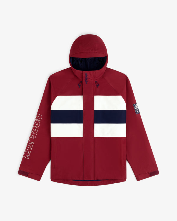 GORE-TEX Striped Sailing Jacket: red, hooded, white/navy stripes, GORE-TEX sleeve text, arm patch.