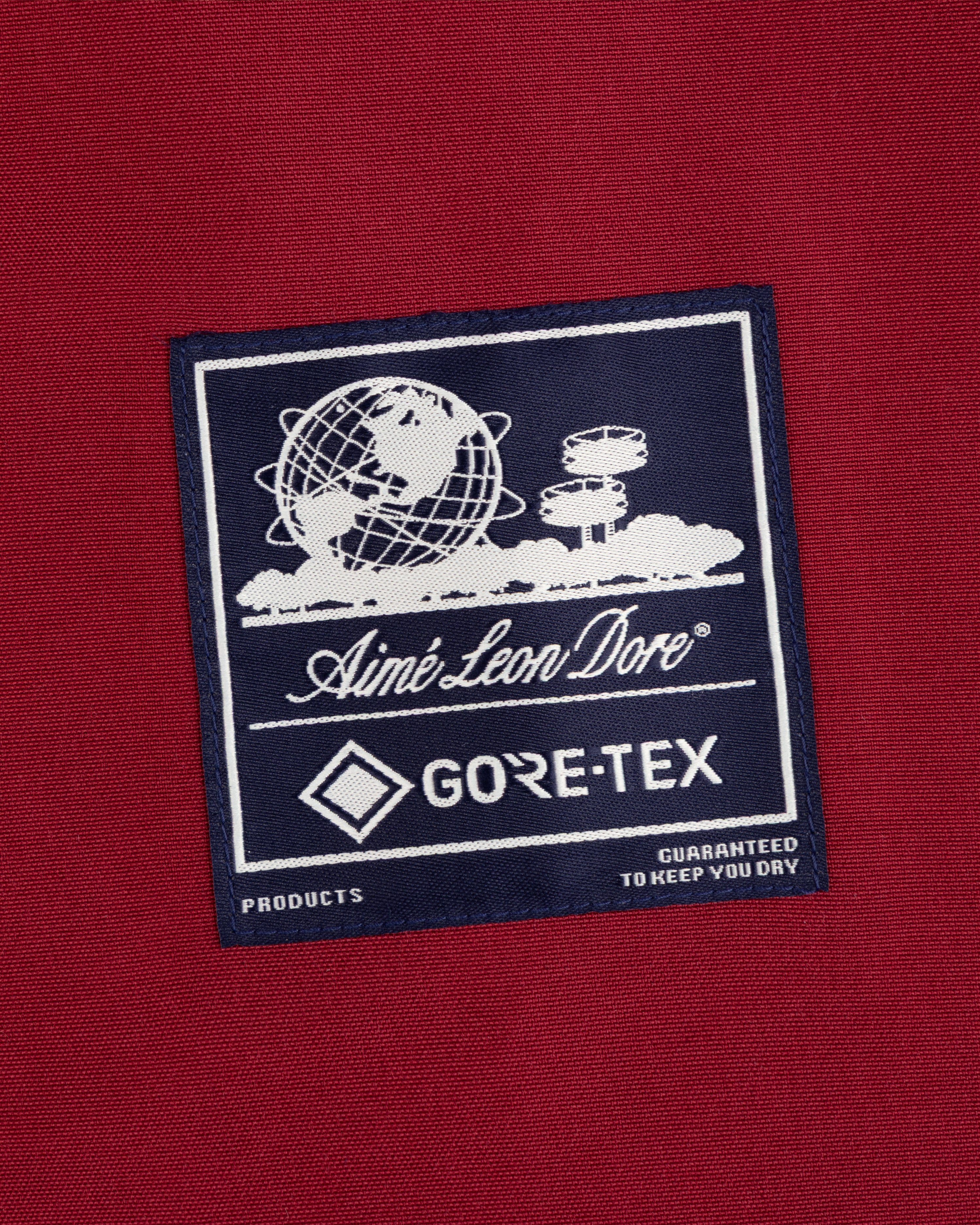 GORE-TEX Striped Sailing Jacket with Aimé Leon Dore patch on red, globe motif, and dryness-guaranteed text.