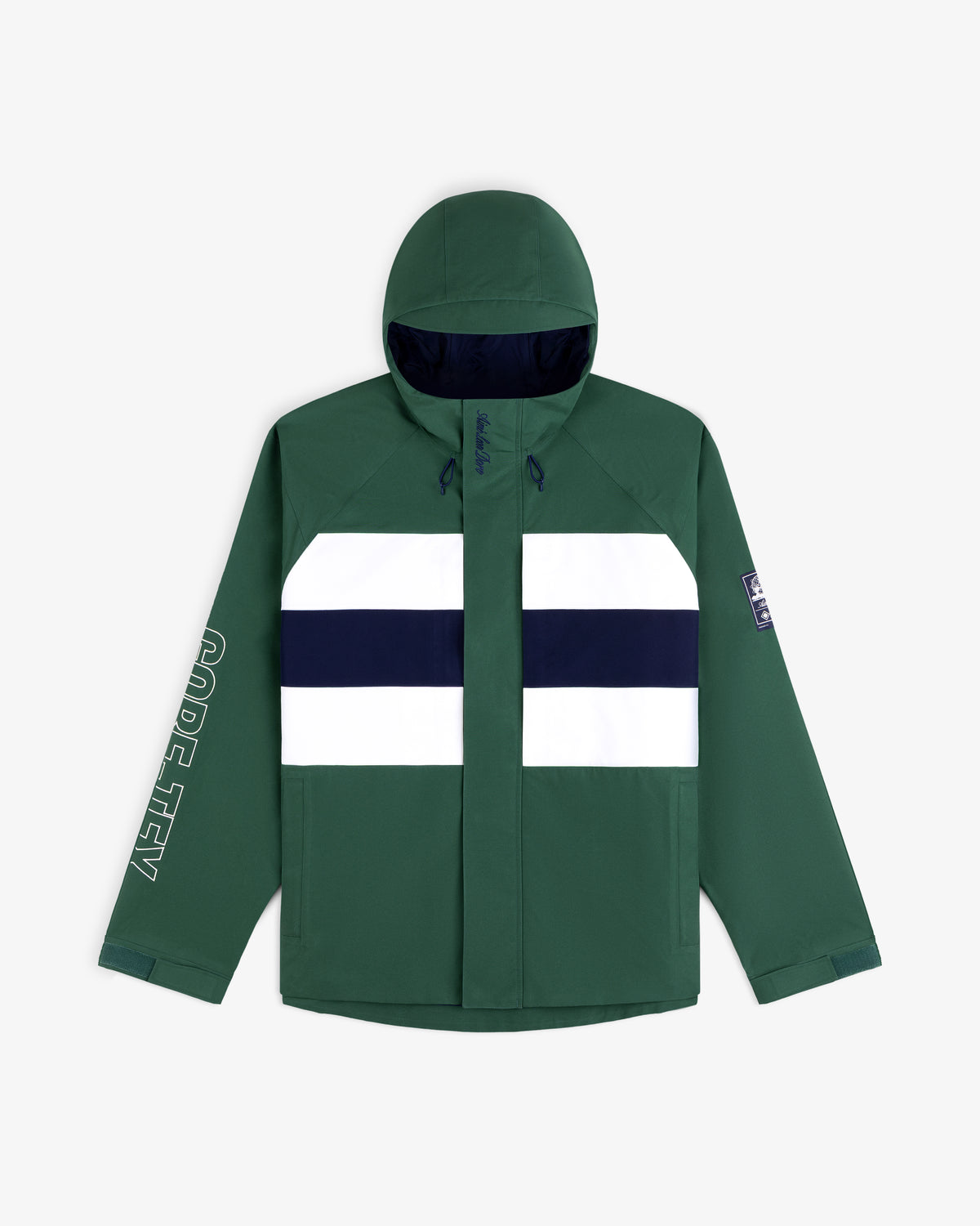 GORE-TEX Striped Sailing Jacket: green with white/navy stripes, GORE-TEX text on the left sleeve.