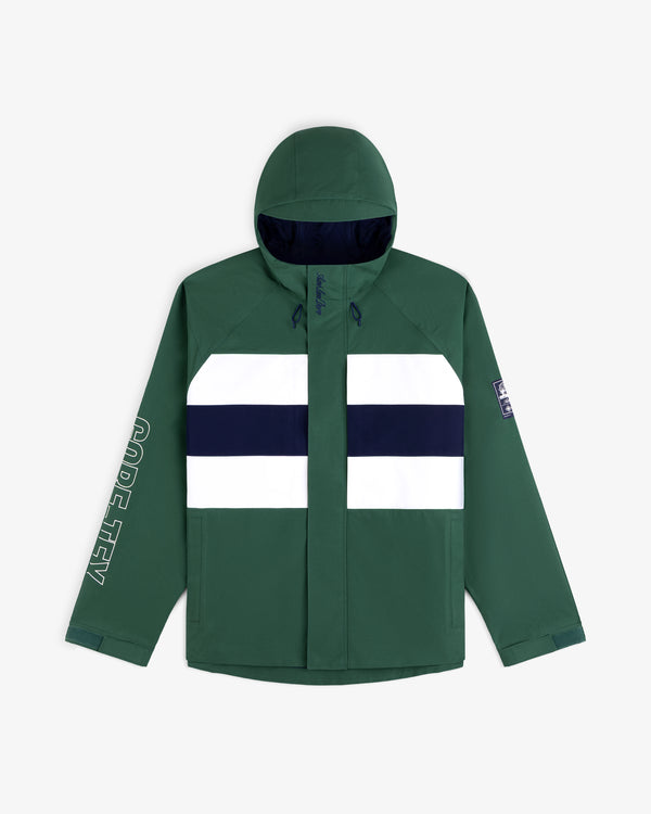 GORE-TEX Striped Sailing Jacket: green with white/navy stripes, GORE-TEX text on the left sleeve.
