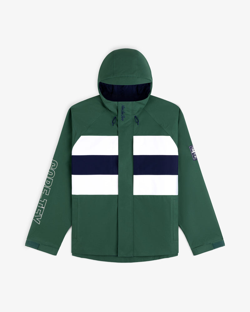 GORE-TEX Striped Sailing Jacket: green with white/navy stripes, GORE-TEX text on the left sleeve.