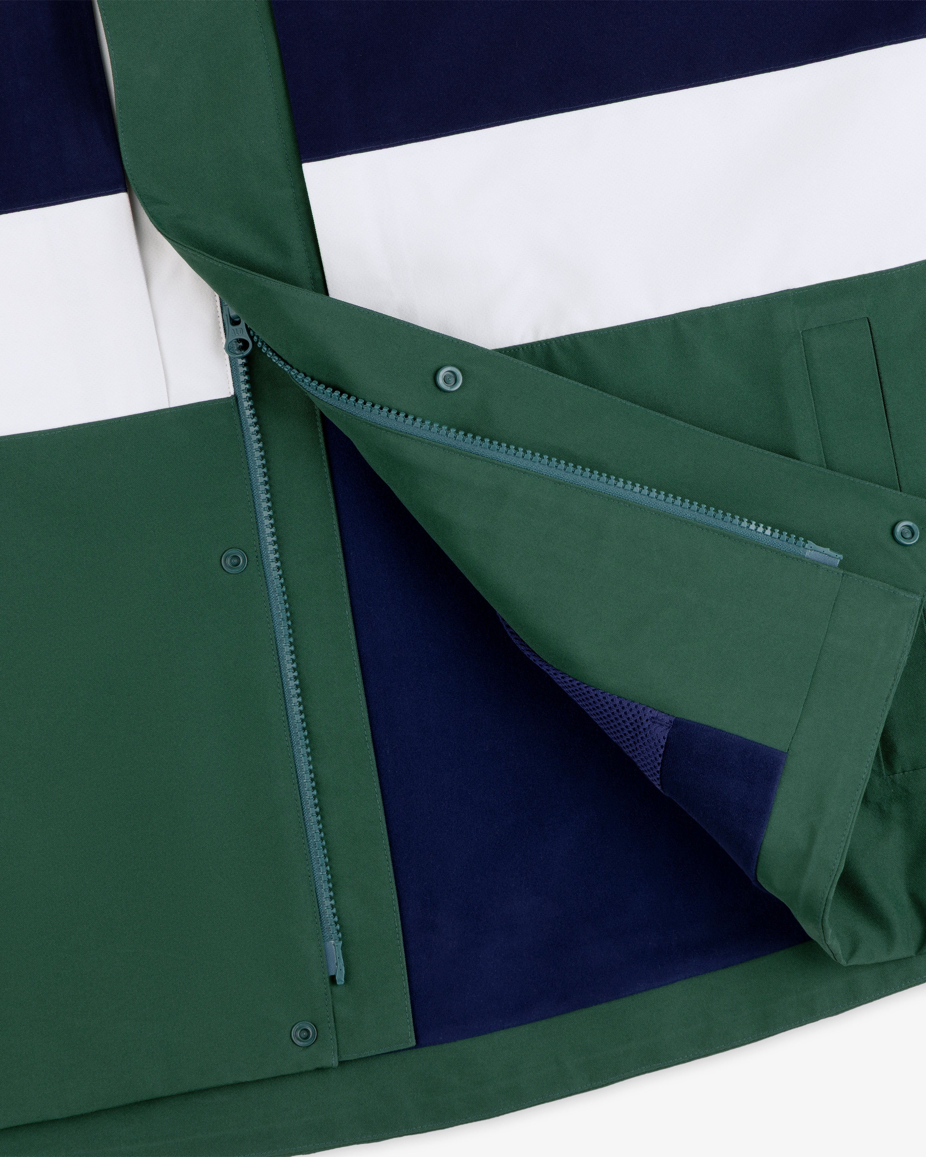 Close-up of the GORE-TEX Striped Sailing Jacket in green, navy, and white with open zipper and snap button flap.
