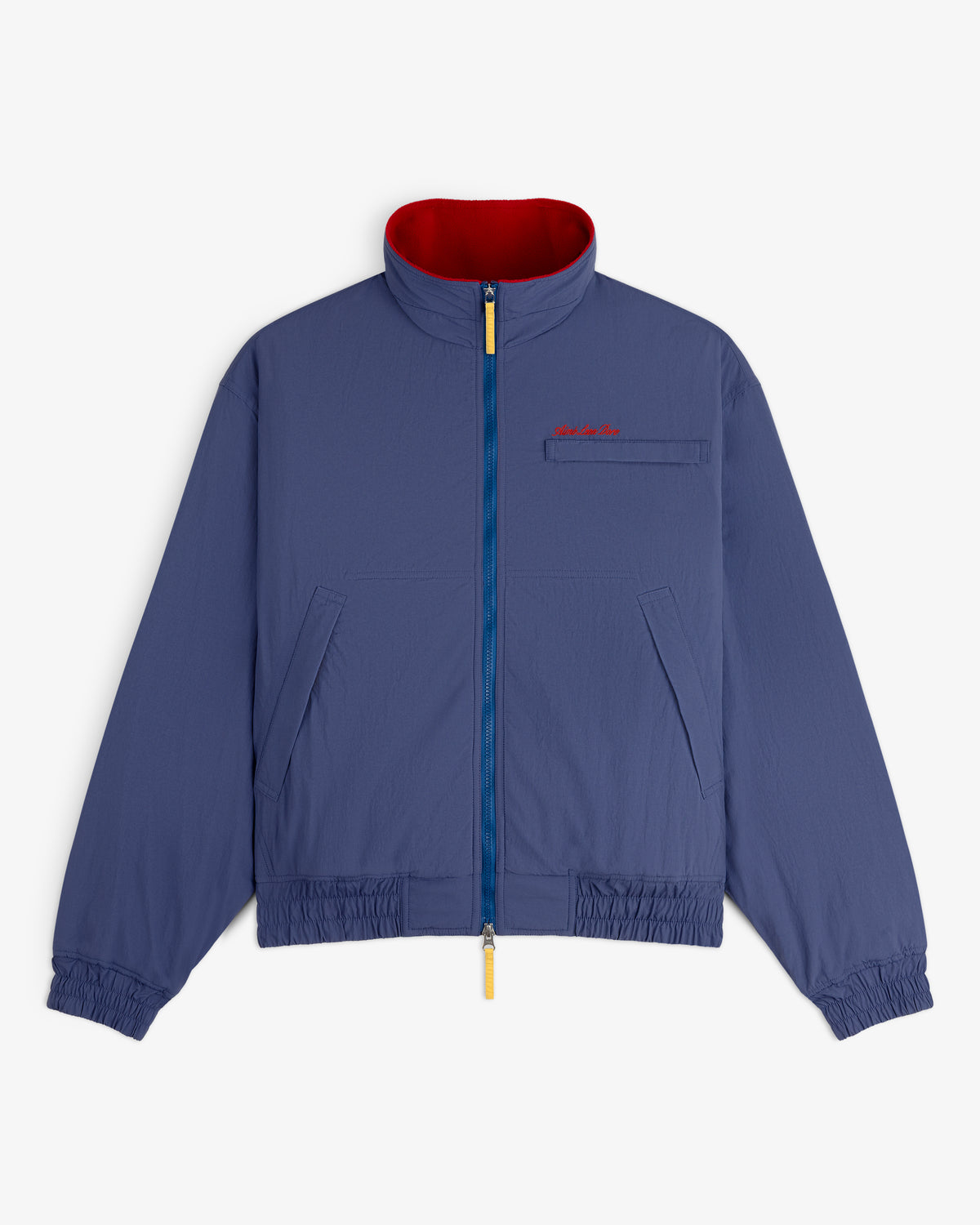 Fleece Lined Sport Windbreaker: Purple with blue zipper, yellow pull, red collar lining, and red chest text.