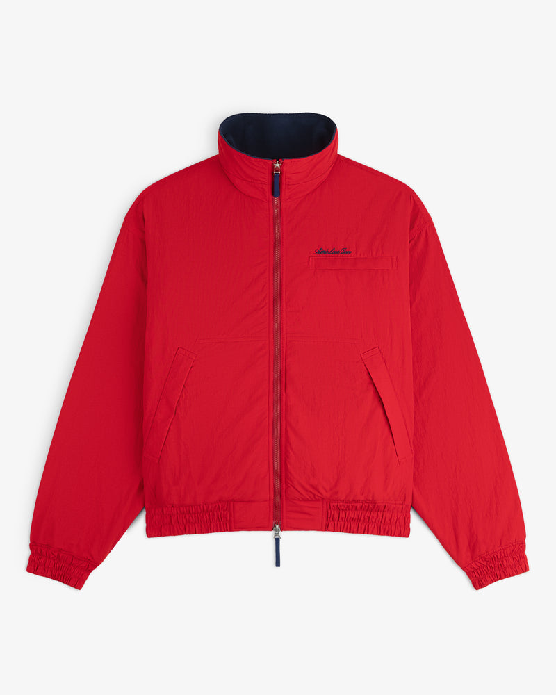 Fleece Lined Sport Windbreaker: bright red, high collar, zip-up, chest & side pockets, elastic cuffs & hem.