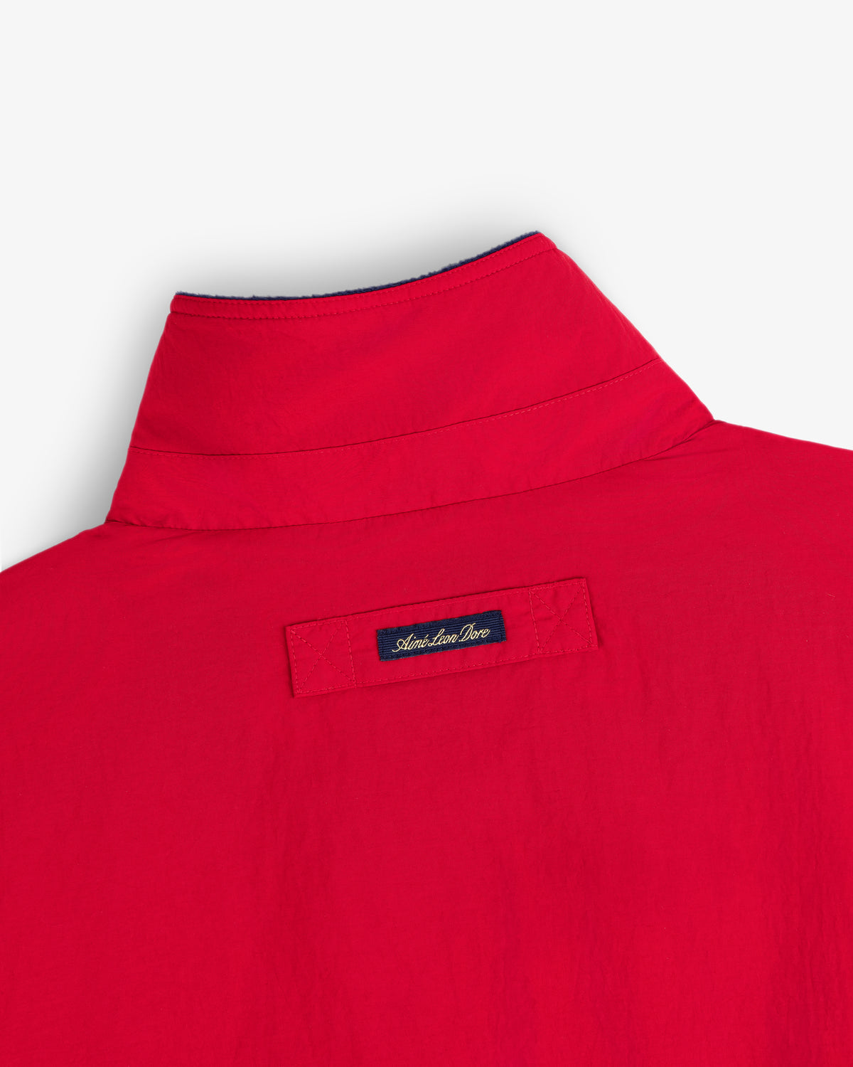Fleece Lined Sport Windbreaker, red with collar, back view, features a small navy “Atlantic Love Crew” label.