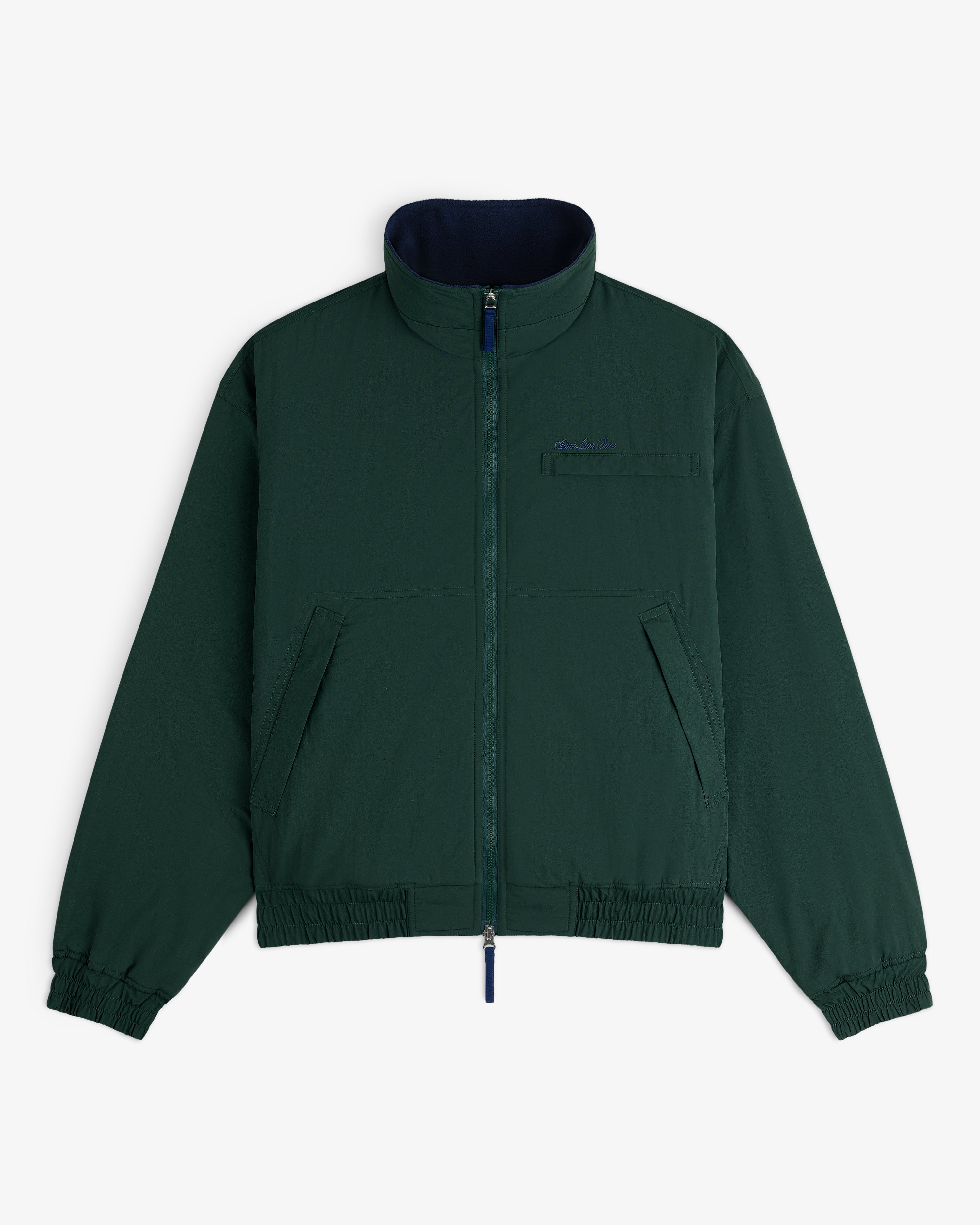 Fleece Lined Sport Windbreaker in dark green with zip, high collar, chest pocket, and elastic cuffs, laid flat.