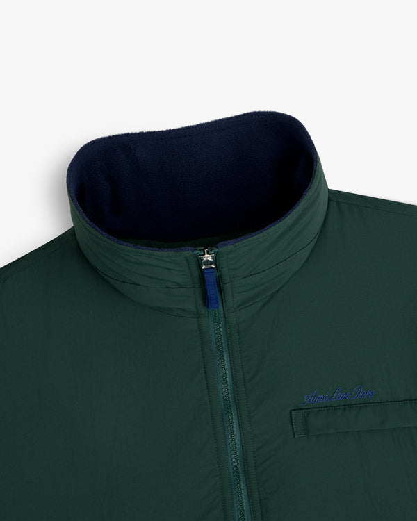 Fleece Lined Sport Windbreaker: green zip-up, high collar, navy lining, chest pocket with Aimé Leon Dore embroidery.
