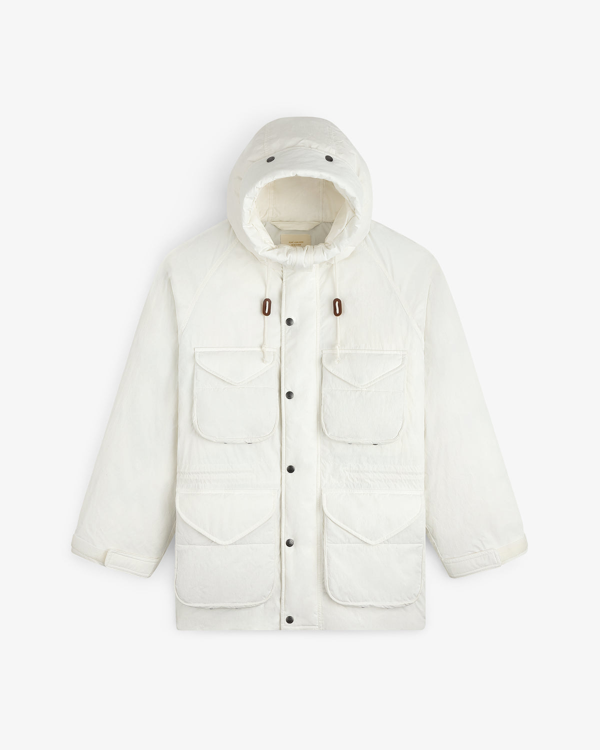 Off-white Down-Filled Surplus Parka with a hood, four large front pockets, and a snap-button closure.