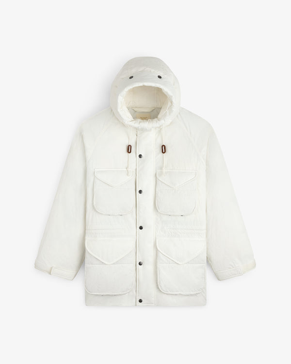 Off-white Down-Filled Surplus Parka with a hood, four large front pockets, and a snap-button closure.