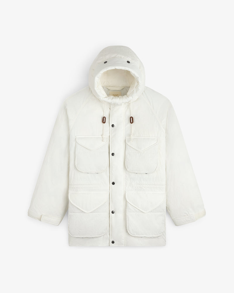 Off-white Down-Filled Surplus Parka with a hood, four large front pockets, and a snap-button closure.