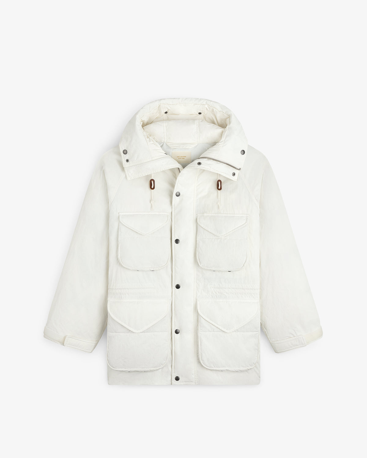 Off-white Down-Filled Surplus Parka with a hood, four large flap pockets, and a front button closure.