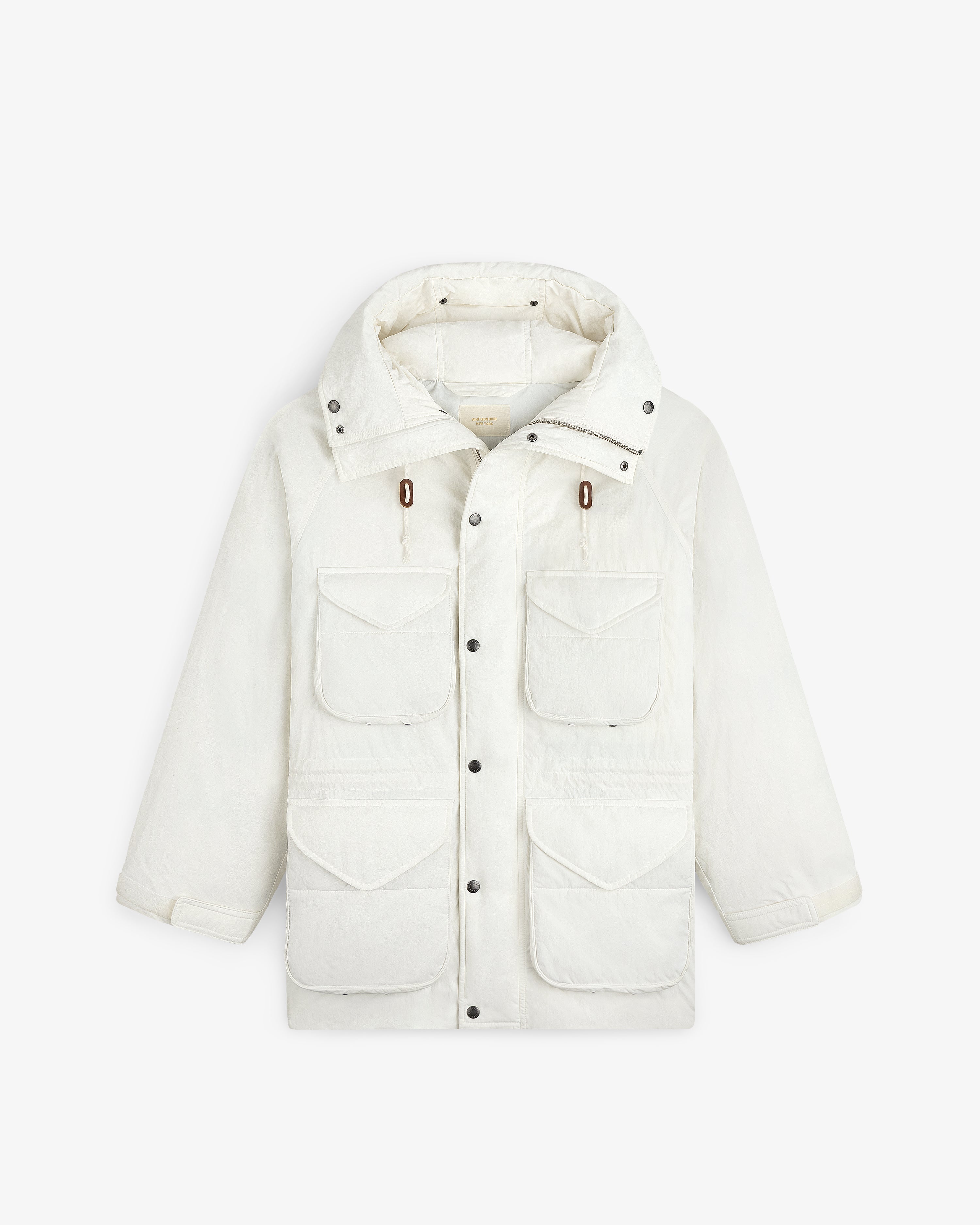 Off-white Down-Filled Surplus Parka with a hood, four large flap pockets, and a front button closure.