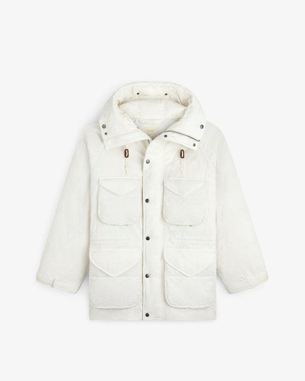 Off-white Down-Filled Surplus Parka with a hood, four large flap pockets, and a front button closure.