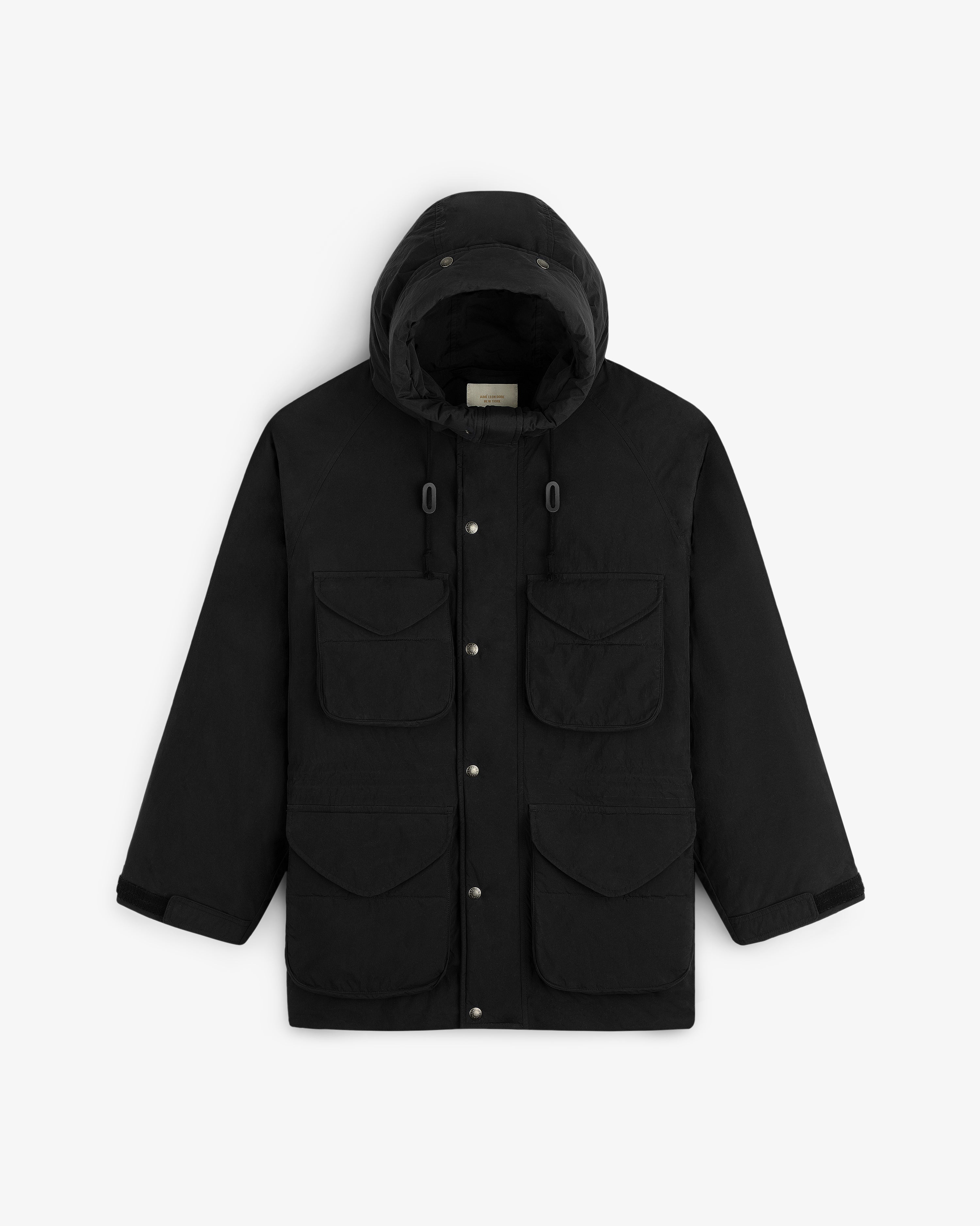 Black Down-Filled Surplus Parka with a hood, four large front pockets, and a front snap closure.