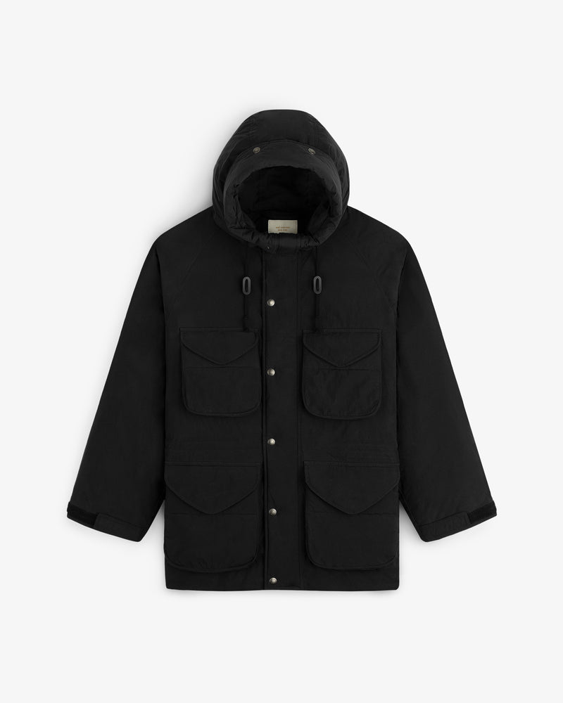 Black Down-Filled Surplus Parka with a hood, four large front pockets, and a front snap closure.