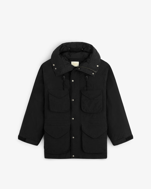 Down-Filled Surplus Parka: black hooded parka with a high collar, four front flap pockets, and a snap-button closure.