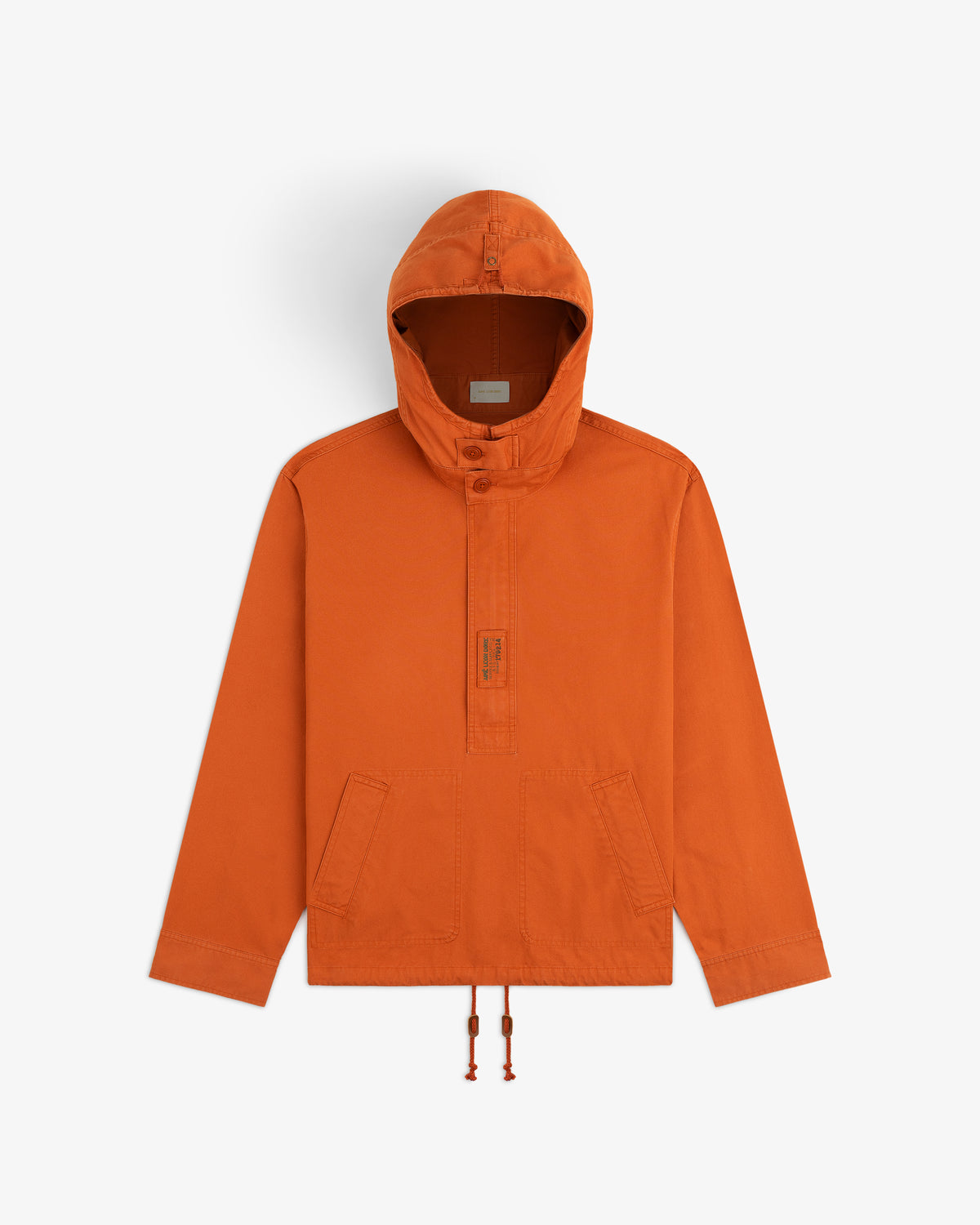 Garment Washed Anorak in orange, featuring long sleeves, a hood, a button placket, and front pockets.