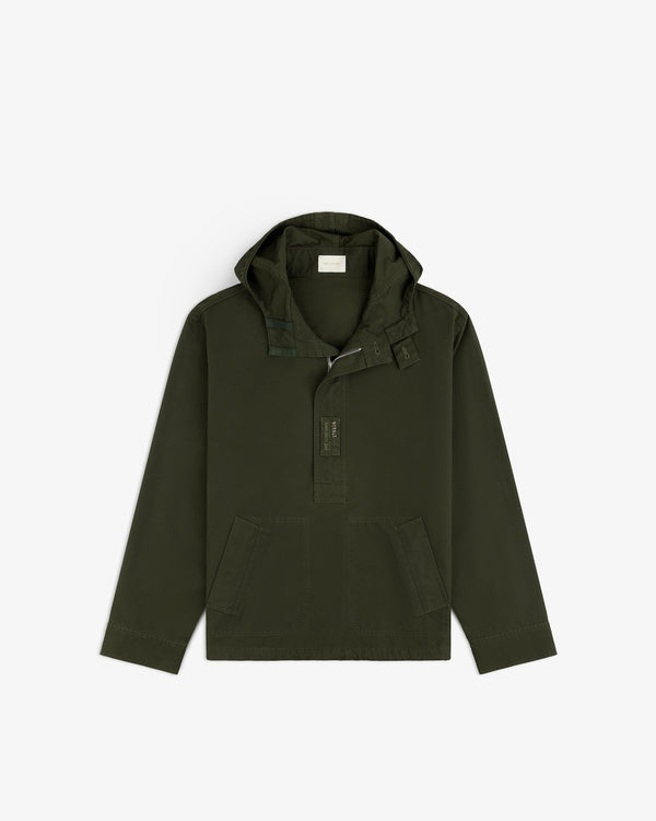 Garment Washed Anorak in dark olive green, featuring a long-sleeve hooded pullover design, half-zip, and two front pockets.