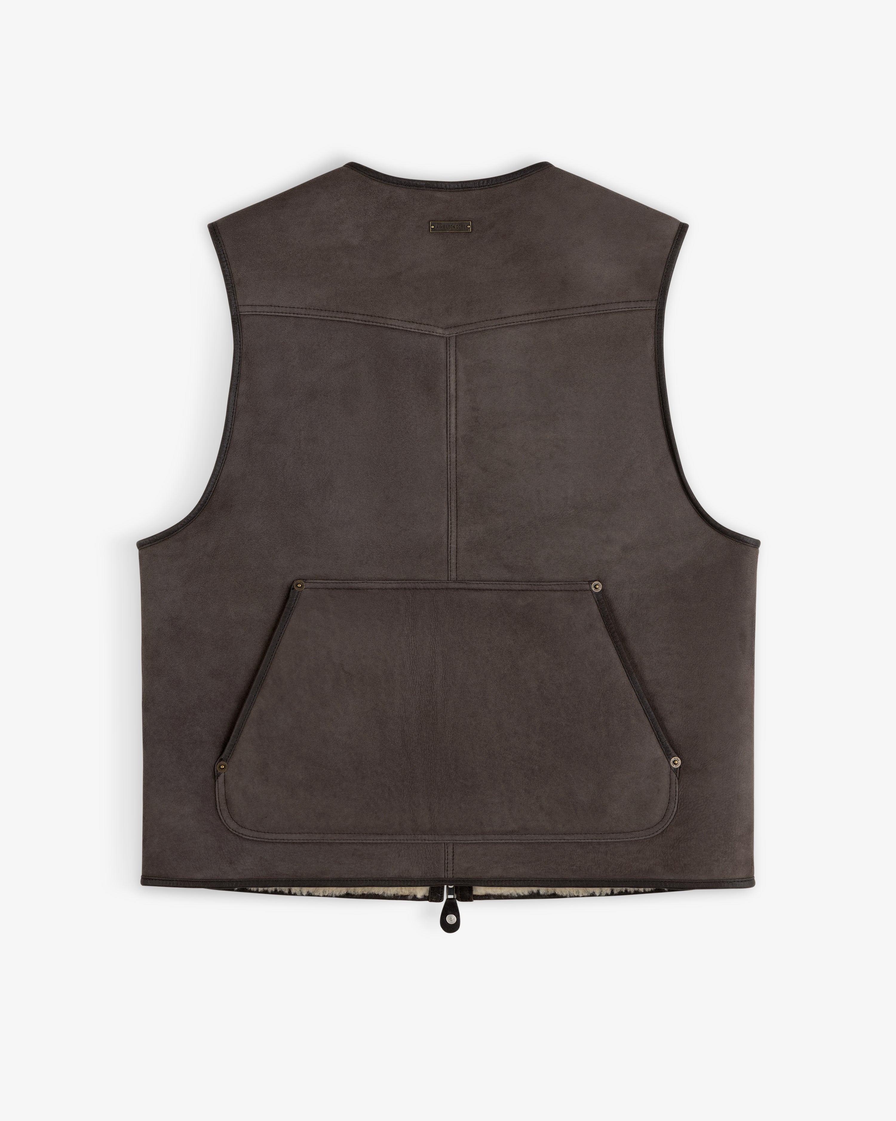 Back view of a dark brown Shearling Biker Vest with a large front pocket and a zippered closure.