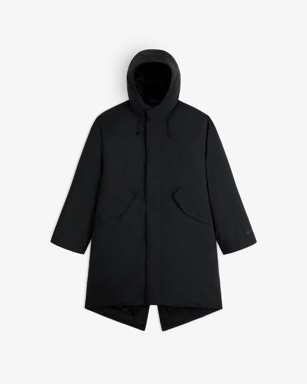Black hooded GORE-TEX Down Filled Fishtail Parka with a buttoned placket and side pockets.