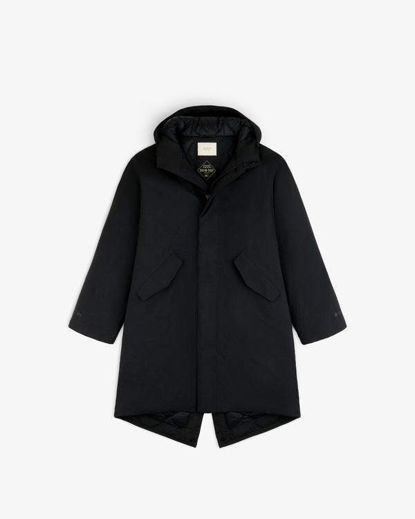 Black GORE-TEX Down Filled Fishtail Parka with a hood and fishtail hem.