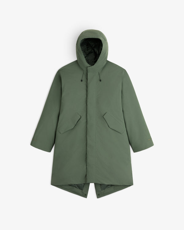 Olive green GORE-TEX Down Filled Fishtail Parka with a hooded design, fishtail hem, and two front flap pockets.