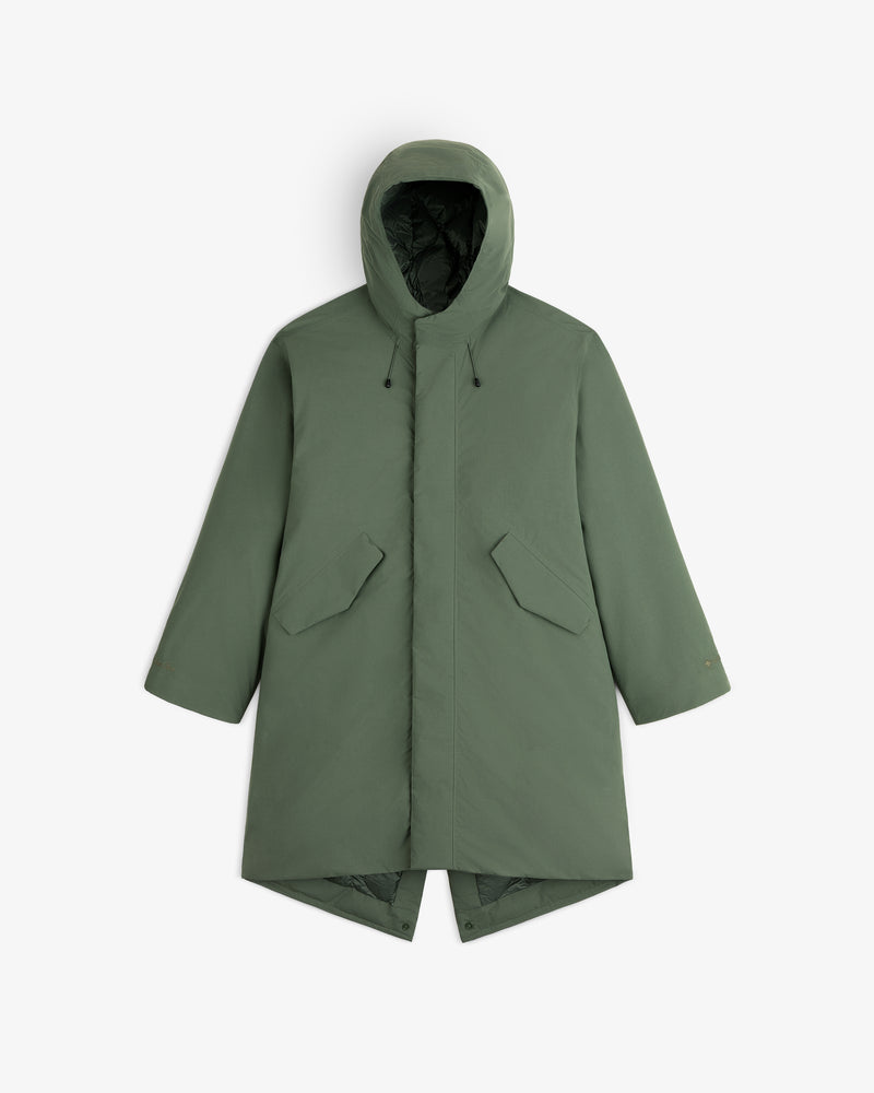 Olive green GORE-TEX Down Filled Fishtail Parka with a hooded design, fishtail hem, and two front flap pockets.