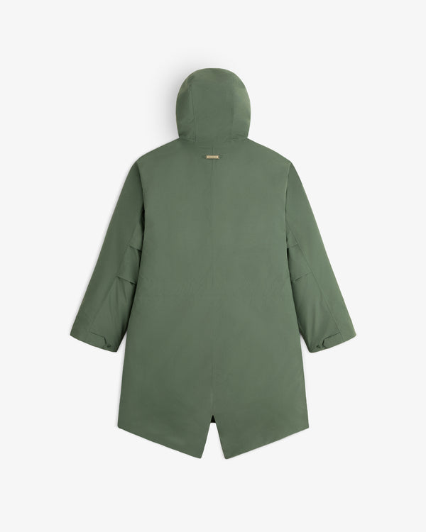 Back view of an olive green GORE-TEX Down Filled Fishtail Parka with a hooded, fishtail hem design.